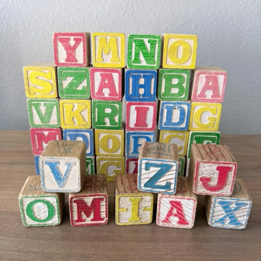Vintage Lot of wooden letters/ numbers/ pictures building blocks- 36 total